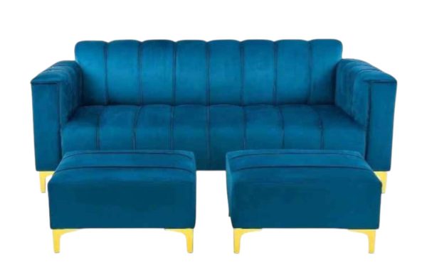 Royal blue 3 seater velvet couch with 2 ottoman