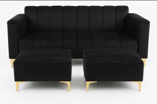 black 3 seater velvet couch with 2 ottoman