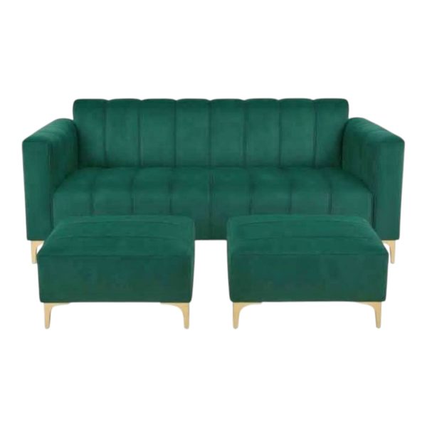 Green 3 seater velvet couch with 2 ottoman