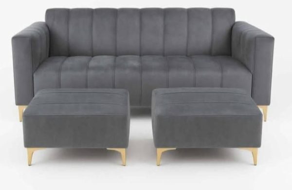Grey 3 seater velvet couch with 2 ottoman